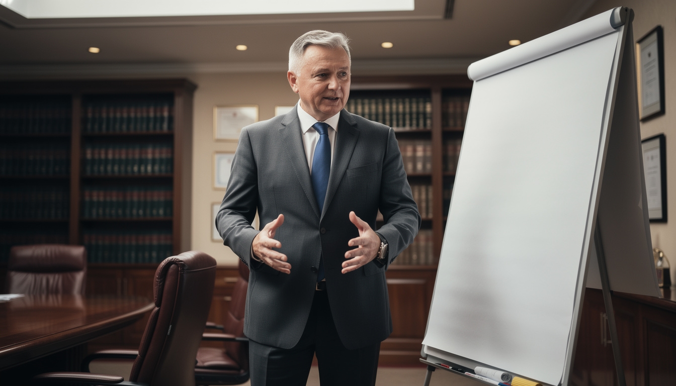 Mężczyzna w garniturze gestykulujący podczas prezentacji w sali konferencyjnej